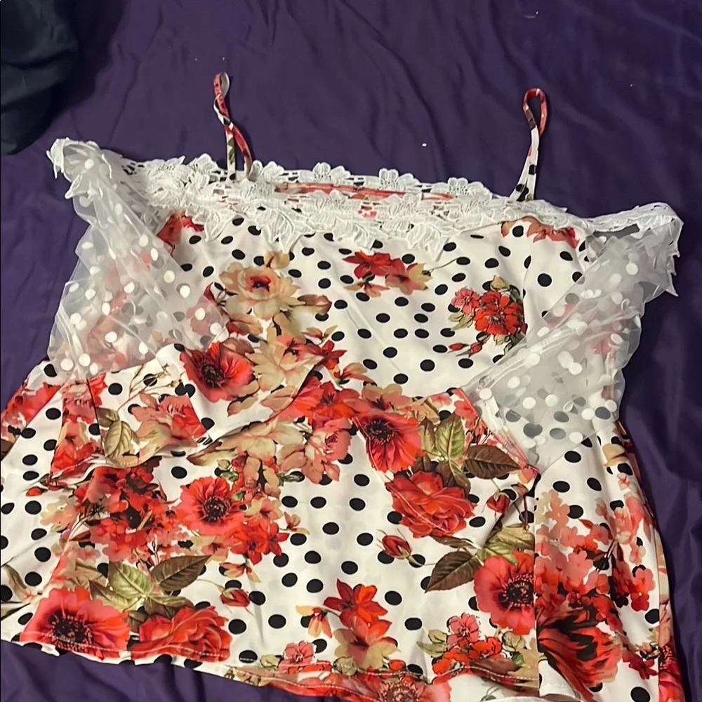 NWOT Cold Shoulder Sheer Sleeved Polka Dot Floral Top - Picture 1 of 11